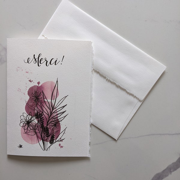 Watercolor plants on thick watercolor white paper, worn out borders, thank you card, friendship card