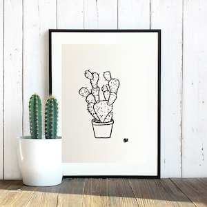Dessin de cactus au marqueur noir sur papier blanc perlé, oeuvre d'art, oeuvre d'art déco, idée cadeau, cadre mural