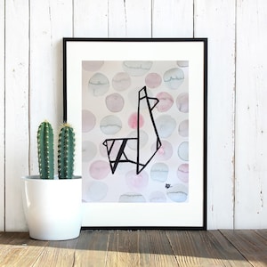 Aquarel alpaca lama, zwarte stifttekening, decor, originele kunst, met de hand gemaakt, cadeau, kinderkamer, gerecycled papier