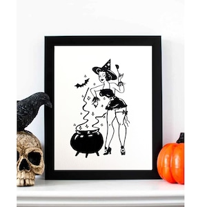 Witch making magical potion illustration, black marker drawing on watercolor paper, home decor art, made by hand, Halloween art