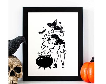 Witch making magical potion illustration, black marker drawing on watercolor paper, home decor art, made by hand, Halloween art