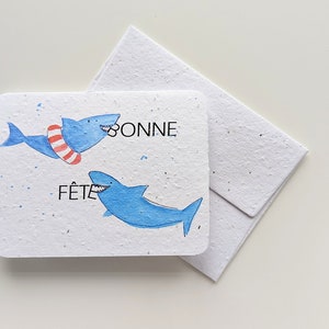 Carte d'anniversaire aquarelle requin sur papier graine à planter ou papier blanc aquarelle, voeux d'anniversaire