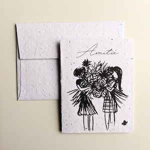 Carte d’amitié, filles avec des fleurs sur des graines plantables pa, par ou aquarelle papier blancmerci à votre carte, amitié