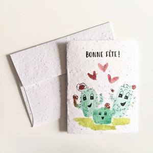 Famille de cactus aquarelles sur papier graine plantable ou papier blanc aquarelle, carte de joyeux anniversaire
