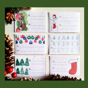 Étiquettes de cadeau de Noël plantables avec le dessin festif des ornements, des arbres, des bas, six étiquette de cadeau de vacances, étiquette de nom, étiquette de cadeau de fleur sauvage