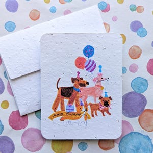 Carte d'anniversaire de chien amusante, fête de chien en ballon sur du papier à planter ou du papier blanc aquarelle, bordures usées