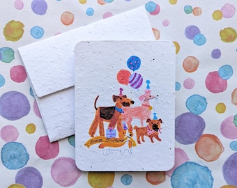 Fun dog birthday card, celebration balloon dog party on plantable paper or watercolor white paper, worn out borders