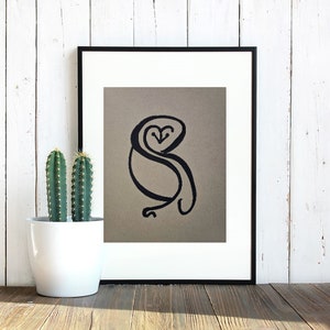 Dessin minimaliste de hibou des neiges au marqueur noir sur papier cartonné de couleur, décoration d'art mural, affiche d'art originale, cadeau