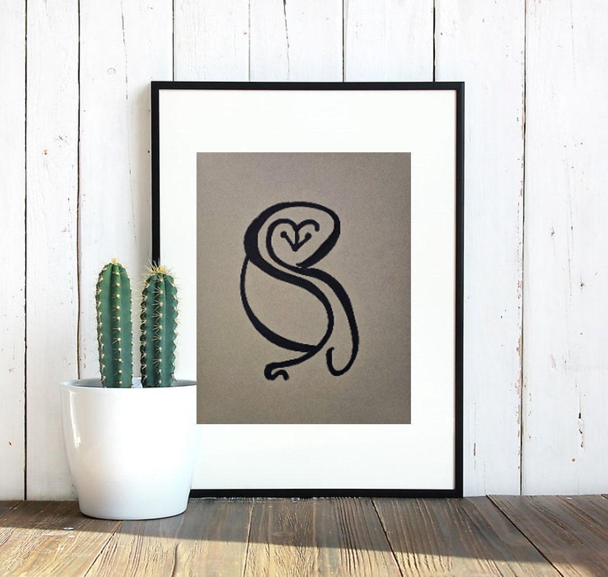 Snow Owl minimalist drawing in black marker on cardboard colored paper, wall art decor, original pos