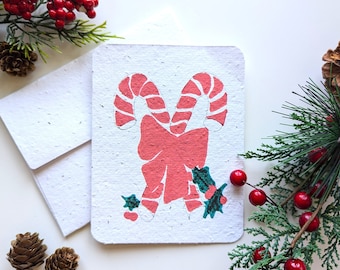 Christmas card, Sugar canes with a bow on plantable paper or watercolor white paper, worn out borders