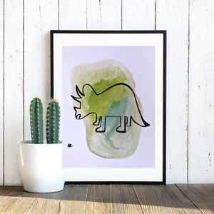 Triceratops dinosaur watercolor painting, black marker drawing on white paper, wall art decor, gift