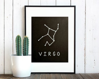 White marker drawing of Virgo astrological zodiac sign,  decor, original poster art, star sign