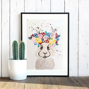 Peinture d’aquarelle de lapin avec la couronne de fleur, dessin de marqueur, art de mur, décor à la maison, art original d’affiche, cadeau d’anniversaire, lapin d’aquarelle