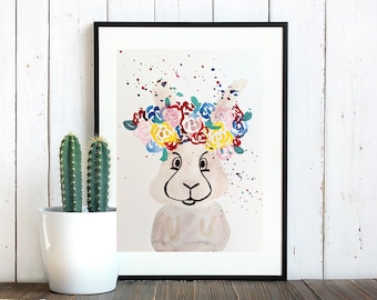 Pintura de acuarela de conejito con corona de flores, dibujo de marcador, arte de la pared, decoración del hogar, arte original del cartel, regalo de cumpleaños, conejo de acuarela