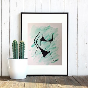 Schwarze Marker Zeichnung Aquarell von Frauen posieren in Badehose, Kunstwerk, Dekor Kunst, Geschenkidee, Wand Kunst, Design, Mode
