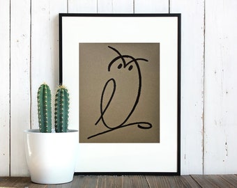 minimalist Wise owl drawing in black marker on cardboard colored paper, wall art decor, original poster art, gift