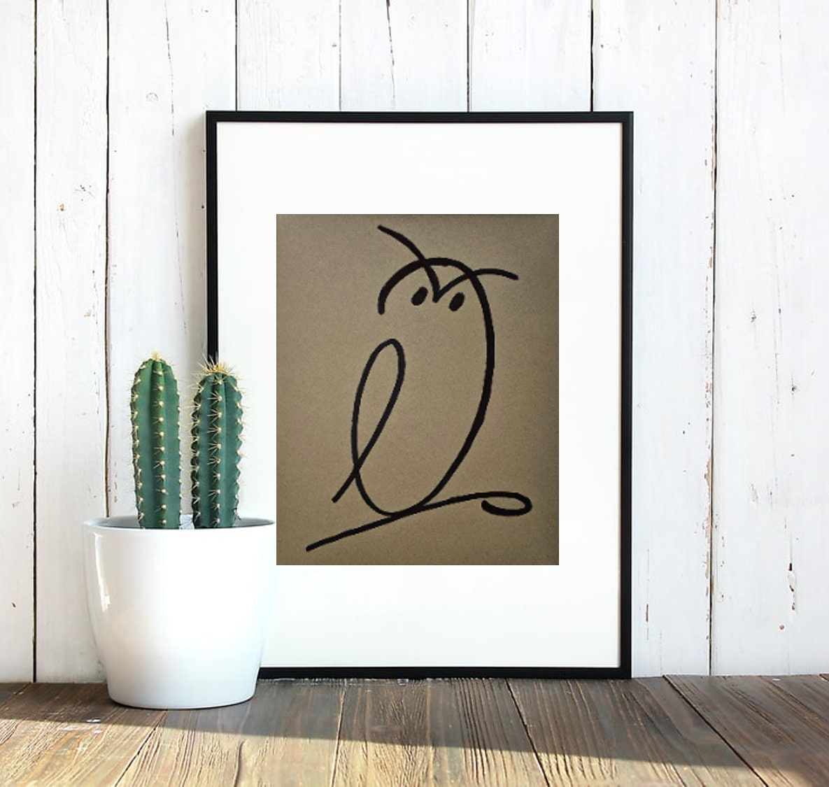 minimalist Wise owl drawing in black marker on cardboard colored paper, wall art decor, original pos