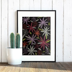 Flower garden on black paper, wood pencil drawing on black pastel paper, decor, original art, made by hand, gift, kids room, birthday gift