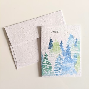 Merci aquarelle bleu vert forêt sur papier graine plantable ou aquarelle papier blanc, carte de remerciement, carte d’amitié