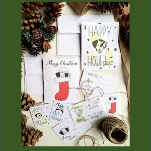Deux graines de fleurs sauvages d'enveloppe de carte de Noël à planter, six étiquettes-cadeaux à planter, jeux de mots pour chiens sur du papier de graines de fleurs sauvages blanc, joyeux Noël