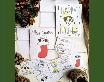 Two Plantable christmas card envelope wild flower seeds, six plantable gift tags, Dog puns on white wild flower seed paper, merry christmas