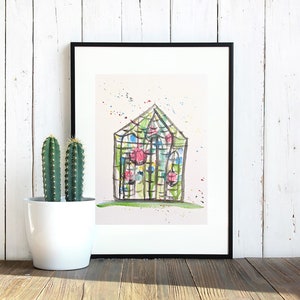 Green house garden watercolor painting, original art, made by hand, home gift, kids room, recycled paper, home decor, plant wall art decor