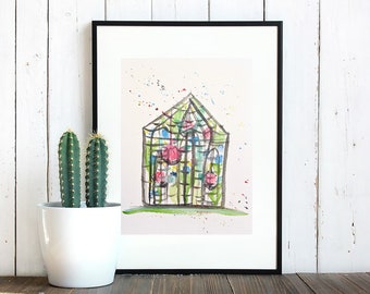 Casa verde jardín acuarela pintura, arte original, hecho a mano, regalo del hogar, habitación de los niños, papel reciclado, decoración del hogar, decoración del arte de la pared de la planta