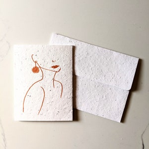 Enveloppe de carte plantable graines de fleurs sauvages, brûler orange boho femmes sur papier de graines blanches, joyeux anniversaire, carte de remerciement, pas de texte
