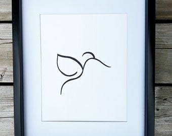Humming bird drawing with black marker on white paper, wall art decor
