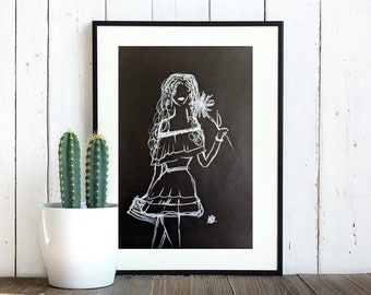 White marker drawing of girl in garden, decor, original poster art