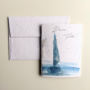 Carte de joyeux anniversaire, voilier aquarelle sur papier de graines à planter ou papier blanc aquarelle, carte d'amitié
