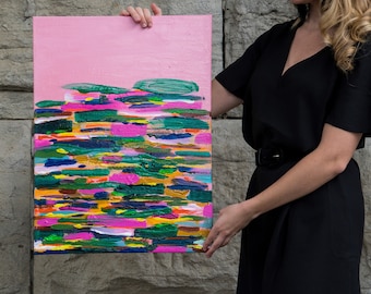 Pintura acrílica abstrata, rosa, verde, amarelo, branco sobre tela, peça de arte, arte de decoração, presente, arte de parede, colorido