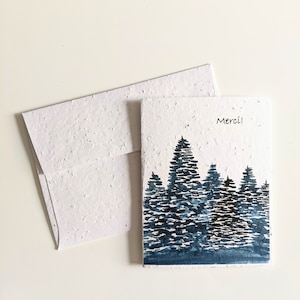 Forêt bleu foncé aquarelle de remerciement sur papier de graines à planter ou papier blanc aquarelle, carte de remerciement, carte d'amitié