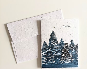 Thank you watercolor dark blue forest on plantable seed paper or watercolor white paper, thank you card, friendship card