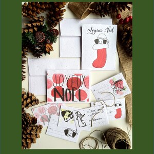 Deux graines de fleurs sauvages d'enveloppe de carte de Noël à planter, six étiquettes-cadeaux à planter, chiens sur du papier de graine de fleurs sauvages blanc, joyeux Noël