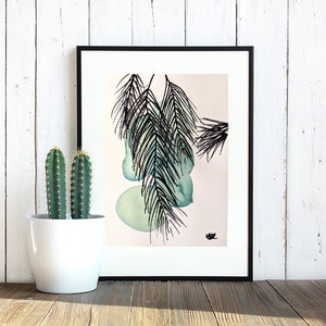 Tropische plant verlaat groene aquarel, tekening met zwarte stift, decor, originele kunst, met de hand gemaakt, cadeau, kinderkamer, verjaardagscadeau