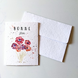 Enveloppe de carte à planter, graines de fleurs sauvages, carte d'anniversaire, fleurs roses aquarelles sur papier graine blanc, carte de voeux de joyeux anniversaire