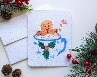 Christmas card, Gingerbread in hot chocolate hot tub on plantable paper or watercolor white paper, worn out borders