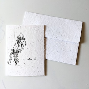Tarjeta plantable sobre semillas de flores silvestres, tarjeta de agradecimiento, plantas colgantes en papel de semilla blanco, nota de agradecimiento, tarjeta de agradecimiento, tarjeta botánica