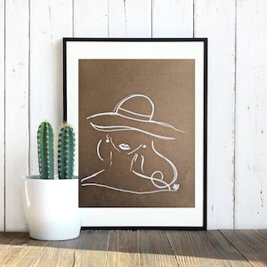 White marker drawing of women in the sun hat, decor, original poster art