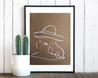 White marker drawing of women in the sun hat, decor, original poster art