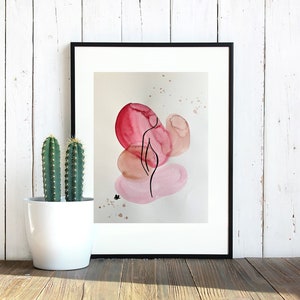Women minimalist body, black marker drawing with pink beige paint, watercolor white paper, decor, original art, made by hand, birthday gift