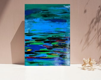 Abstract acrylic painting, blue, green, yellow, prink on canvas, art piece, decor art, gift, wall art, colorful home decor art, glossy