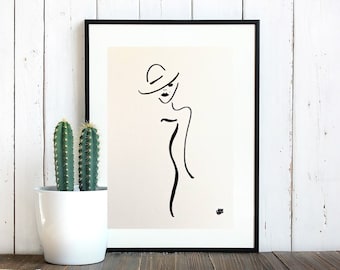 Black marker drawing of women in sun hat with tight gown on perle white paper, art piece, decor art, gift idea