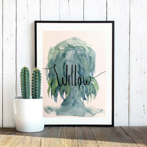Willow tree green blue watercolor painting, black marker drawing, decor, original art, made by hand, gift, kids room, recycled paper