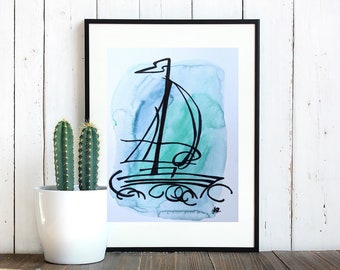 Sail boat watercolor painting, black marker drawing, decor, original art, made by hand, gift, kids room, recycled paper