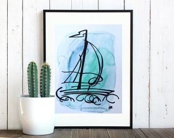 May include: A framed black and white line drawing of a sailboat on a blue and green watercolor background.