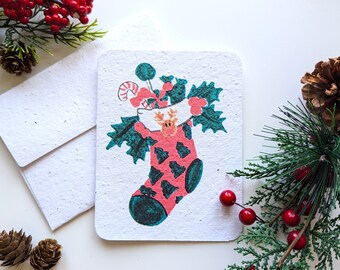 Christmas stocking with toys on plantable paper or watercolor white paper, worn out borders