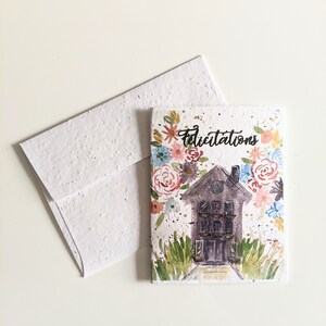 Félicitations, jardin de maison violet aquarelle sur papier de graines plantables ou papier blanc aquarelle, carte de pendaison de crémaillère, nouvelle maison