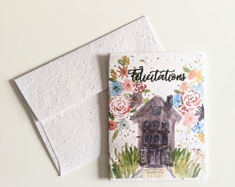Congratulations , watercolor purple house garden on plantable seed paper or watercolor white paper, housewarming card, new home